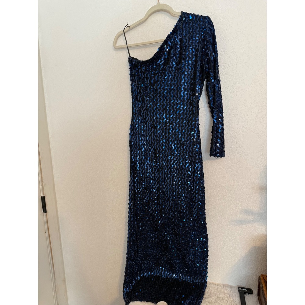 Contempo Casuals Blue Sequin One Shoulder Long Sleeve Party Maxi Dress